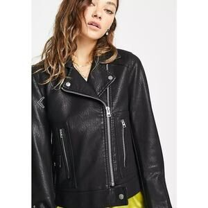 Topshop Crop Faux Leather Biker Jacket US Size 6 Black NWT Moto Silver Zippers